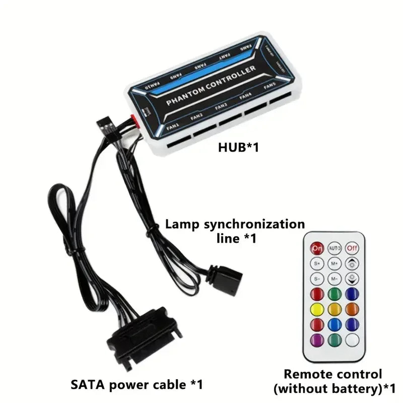 Hub de ventoinhas RGB de 6 pinos com controlador de 10+2 portas, divisor de ventoinhas para PC com controle remoto, versão padrão/versão iluminada (sem bateria)