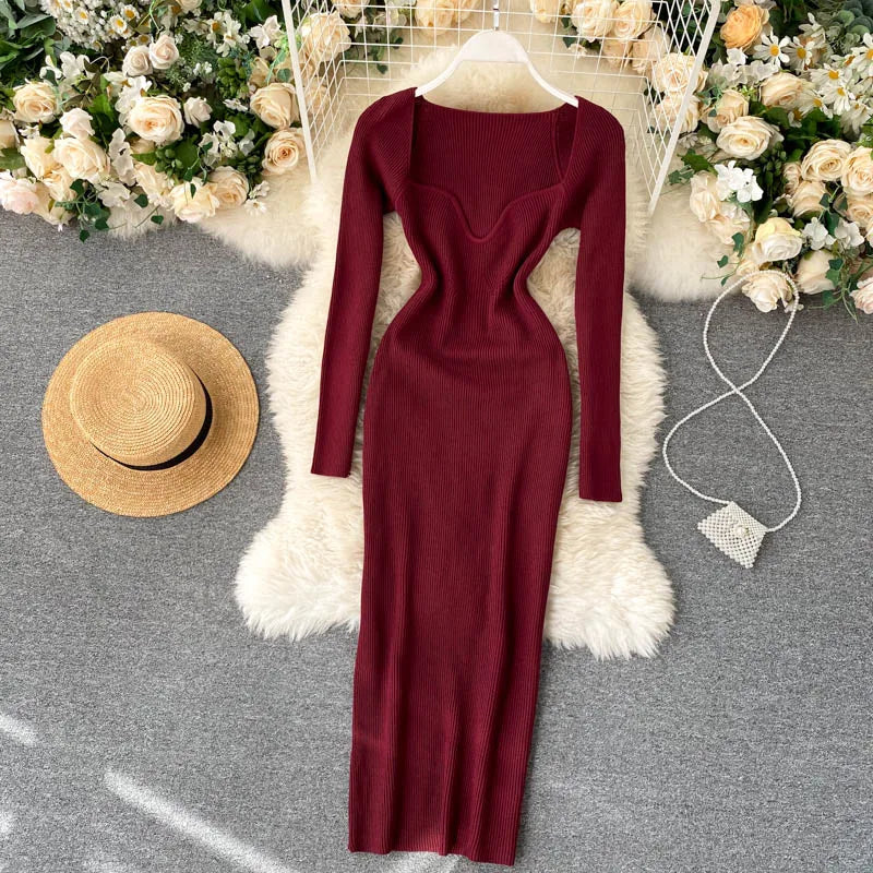 Vestidos para mulheres 2026 sexy sem alças com nervuras de malha bodycon vestido feminino inverno manga longa midi camisola vestido roupas