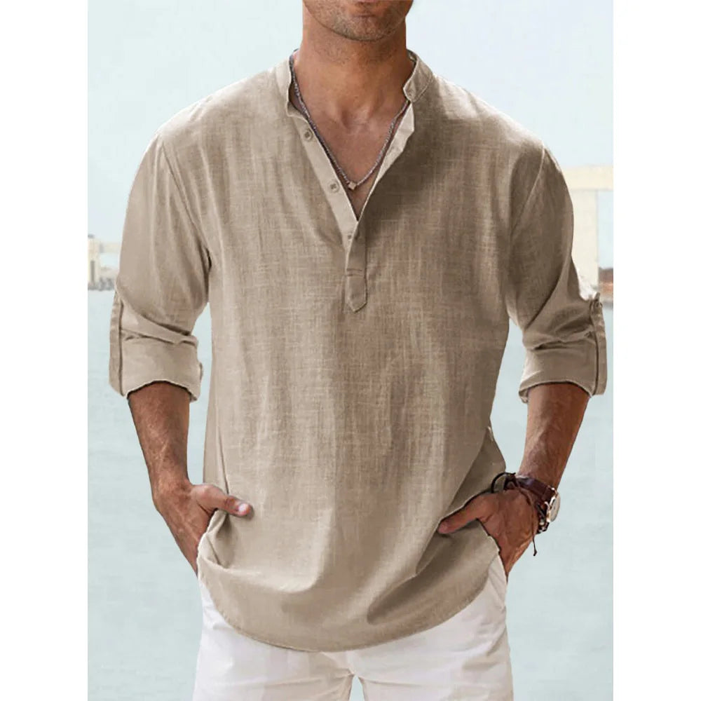 Novas camisas de linho de algodão para homens camisas casuais leve manga longa henley praia camisas havaianas t camisas para homem streetwear
