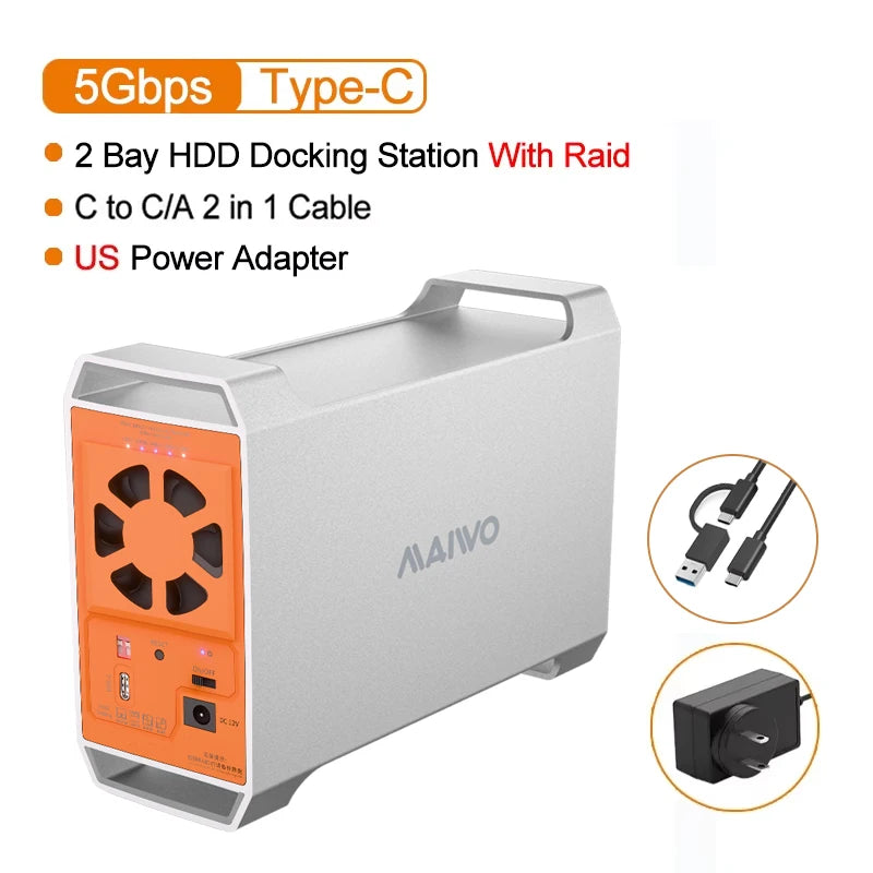 Gabinete MAIWO Dual Bay para HDD SATA de 3,5 polegadas com capacidade de 60TB, 4 modos RAID, controle de temperatura e dissipação de calor.