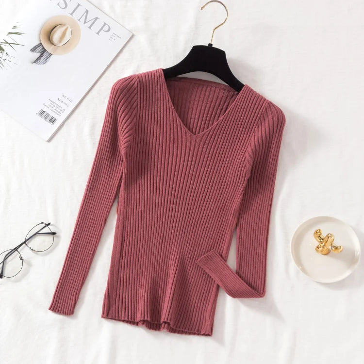 Outono inverno feminino suéteres casual manga longa de malha com decote em v pulôver camisola femme básico sólido camisa topos roupas de moda