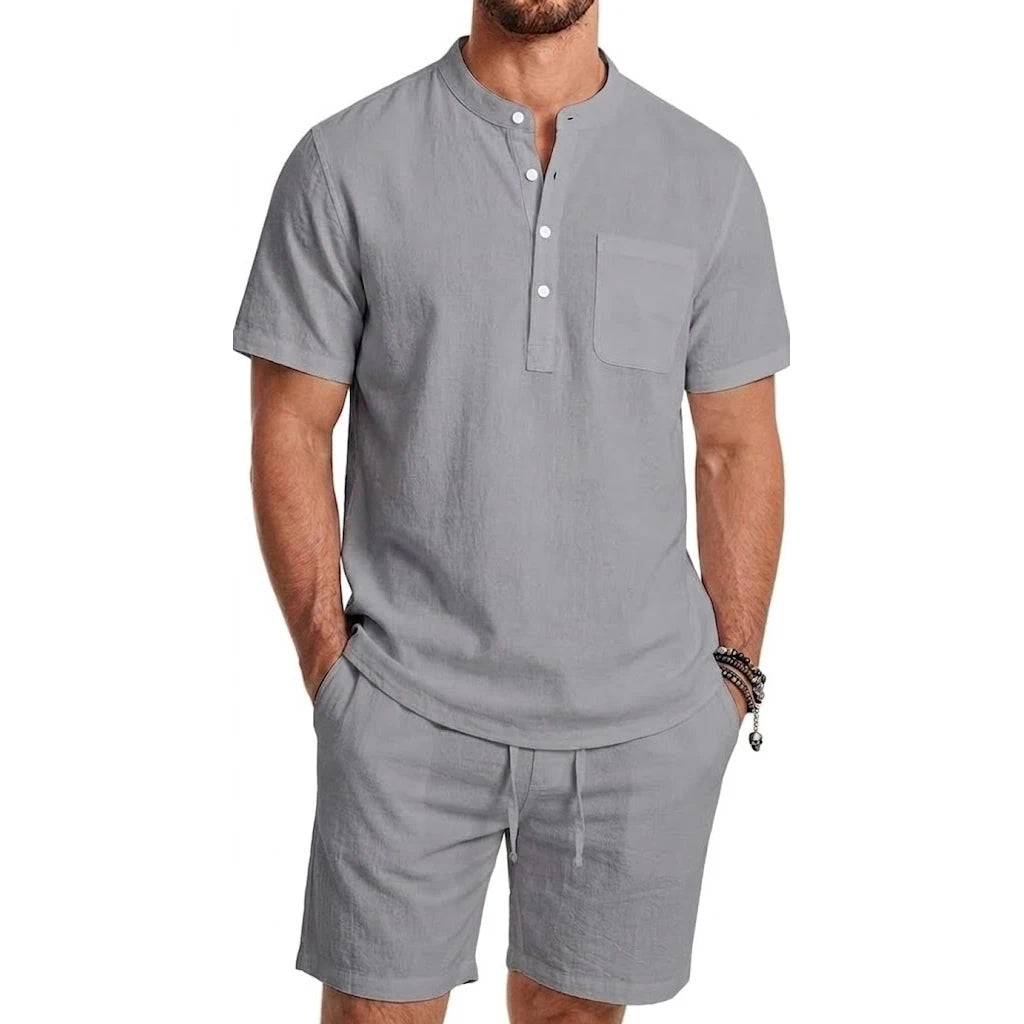 Conjunto de 2 Peças para Homens, Calças Casuais de Verão, Camisa Havaiana de Manga Curta em Cor Sólida, Roupas Masculinas para Academia