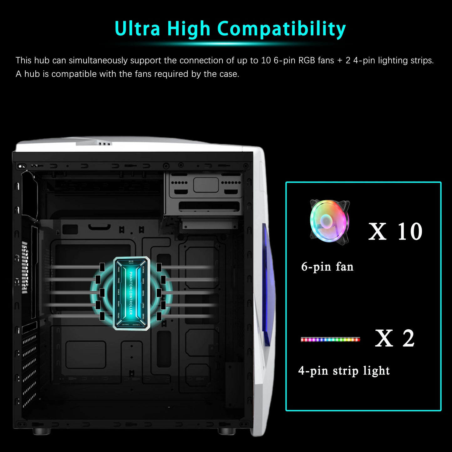 Hub de ventoinhas RGB de 6 pinos com controlador de 10+2 portas, divisor de ventoinhas para PC com controle remoto, versão padrão/versão iluminada (sem bateria)