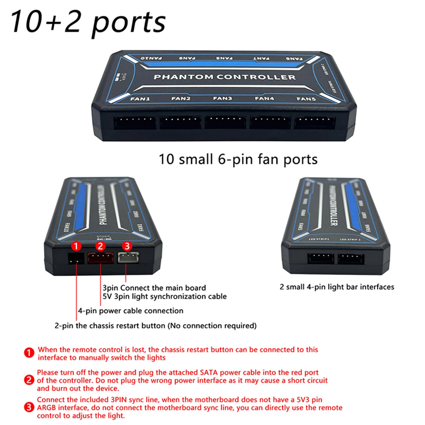 Hub de ventoinhas RGB de 6 pinos com controlador de 10+2 portas, divisor de ventoinhas para PC com controle remoto, versão padrão/versão iluminada (sem bateria)