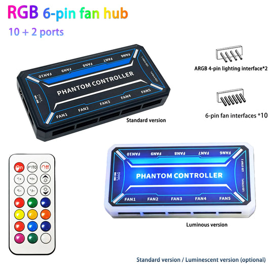 Hub de ventoinhas RGB de 6 pinos com controlador de 10+2 portas, divisor de ventoinhas para PC com controle remoto, versão padrão/versão iluminada (sem bateria)