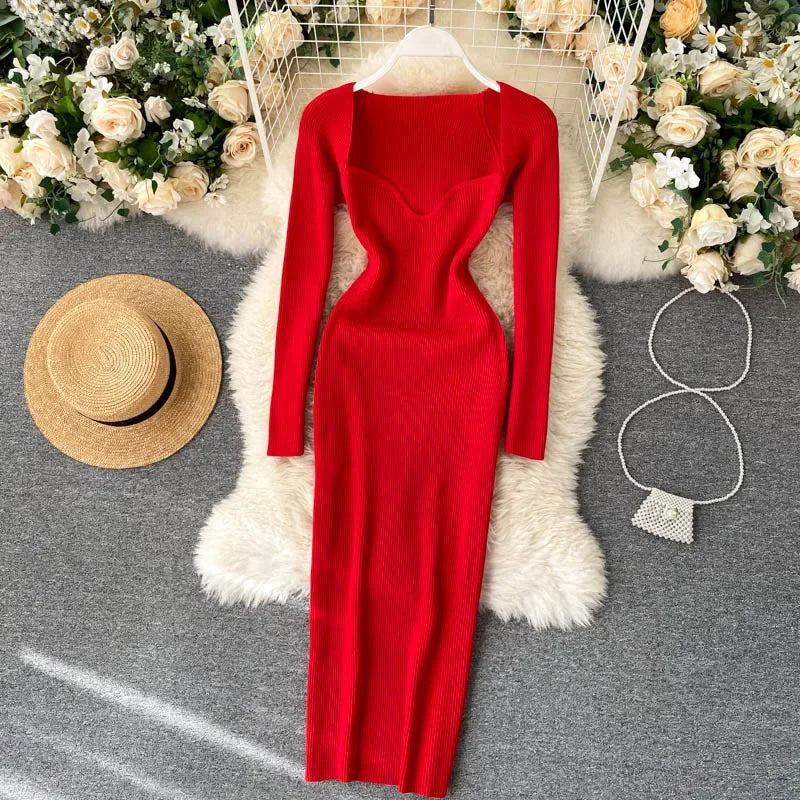 Vestidos para mulheres 2026 sexy sem alças com nervuras de malha bodycon vestido feminino inverno manga longa midi camisola vestido roupas