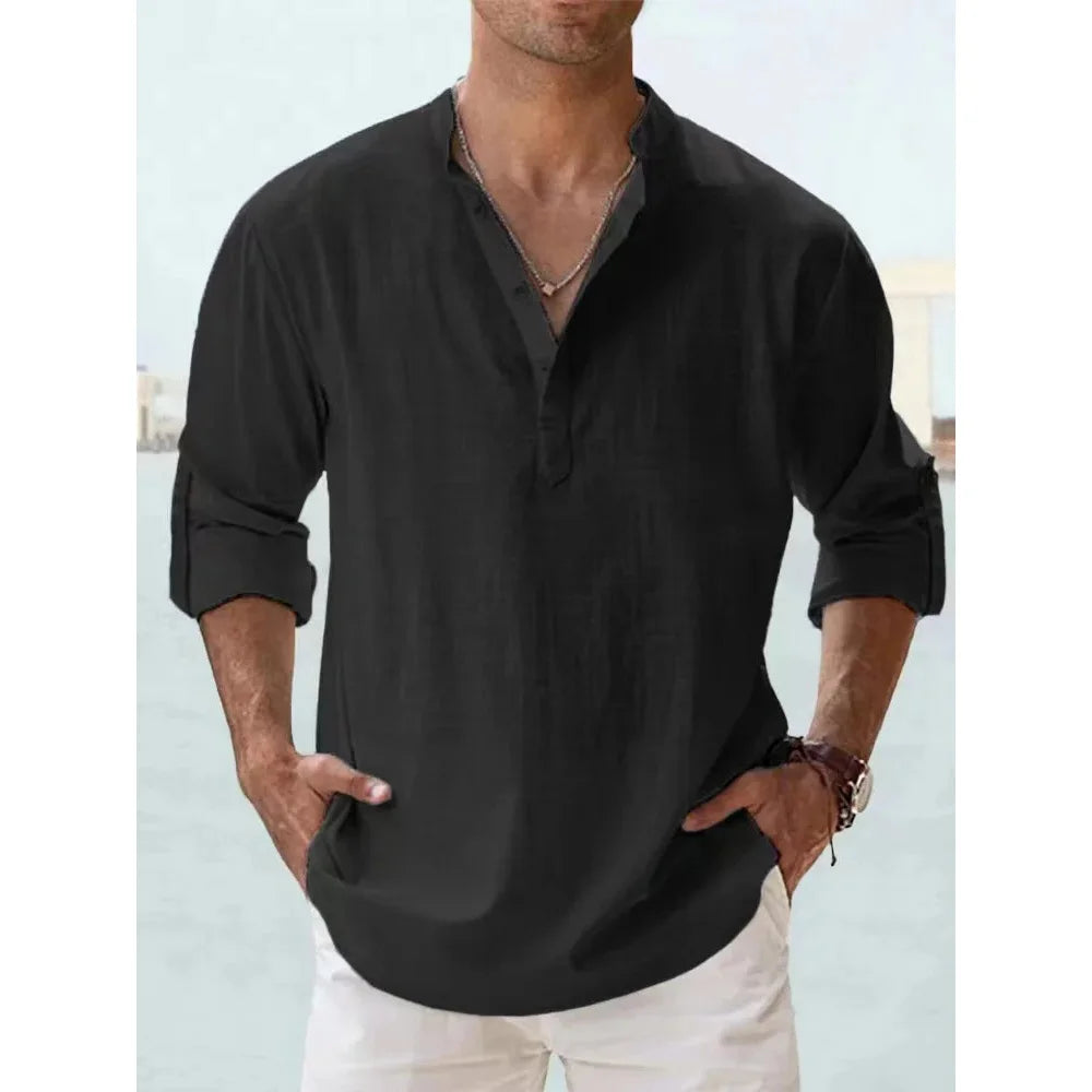 Novas camisas de linho de algodão para homens camisas casuais leve manga longa henley praia camisas havaianas t camisas para homem streetwear