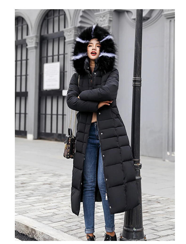 Parkas de pele com capuz acolchoado para mulheres, Engrossar casaco longo quente, jaqueta de inverno, roupas com capuz