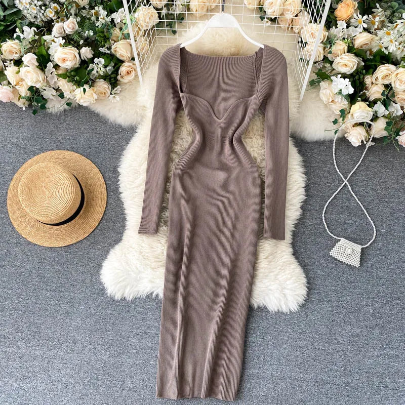 Vestidos para mulheres 2026 sexy sem alças com nervuras de malha bodycon vestido feminino inverno manga longa midi camisola vestido roupas