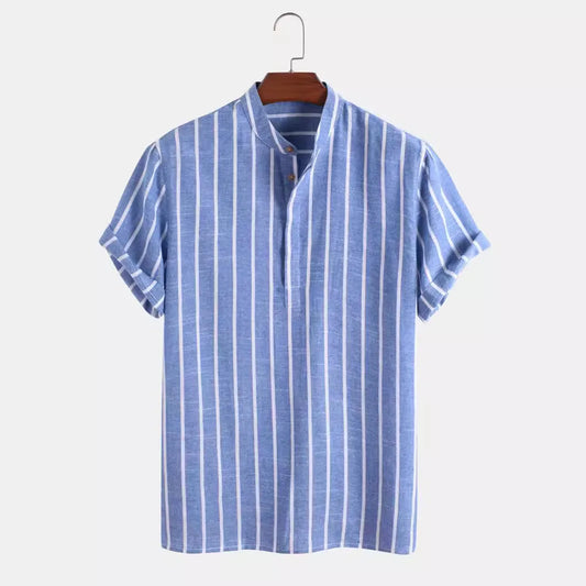Moda masculina listrada camisa de manga curta casual camisas de linho topos masculino formal camisetas sociais gola alta camisas homem roupas