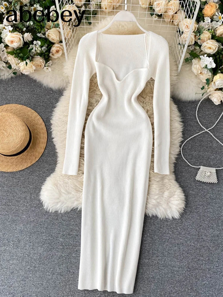 Vestidos para mulheres 2026 sexy sem alças com nervuras de malha bodycon vestido feminino inverno manga longa midi camisola vestido roupas