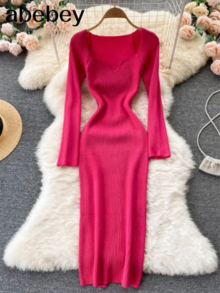 Vestidos para mulheres 2026 sexy sem alças com nervuras de malha bodycon vestido feminino inverno manga longa midi camisola vestido roupas
