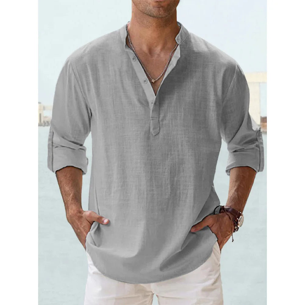 Novas camisas de linho de algodão para homens camisas casuais leve manga longa henley praia camisas havaianas t camisas para homem streetwear