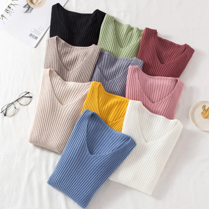 Outono inverno feminino suéteres casual manga longa de malha com decote em v pulôver camisola femme básico sólido camisa topos roupas de moda