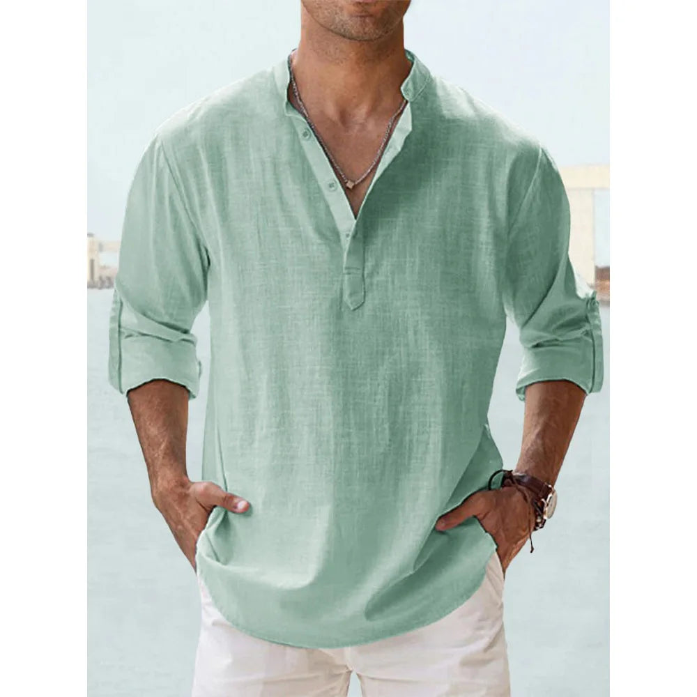 Novas camisas de linho de algodão para homens camisas casuais leve manga longa henley praia camisas havaianas t camisas para homem streetwear