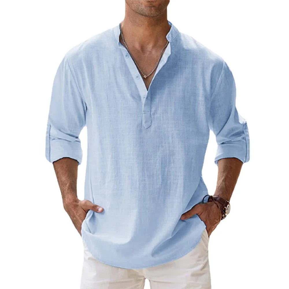 Novas camisas de linho de algodão para homens camisas casuais leve manga longa henley praia camisas havaianas t camisas para homem streetwear