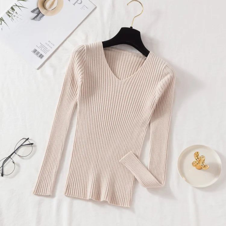 Outono inverno feminino suéteres casual manga longa de malha com decote em v pulôver camisola femme básico sólido camisa topos roupas de moda