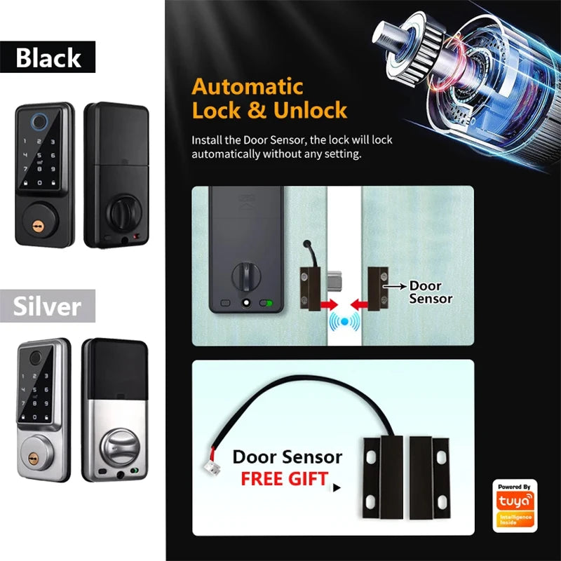 Tuya Wifi TTLock App Bloqueio Sensor de Porta de Impressão Digital Fechadura Eletronic Senha Digital Cartão IC Deadbolt Smart Door Lock Para Casa