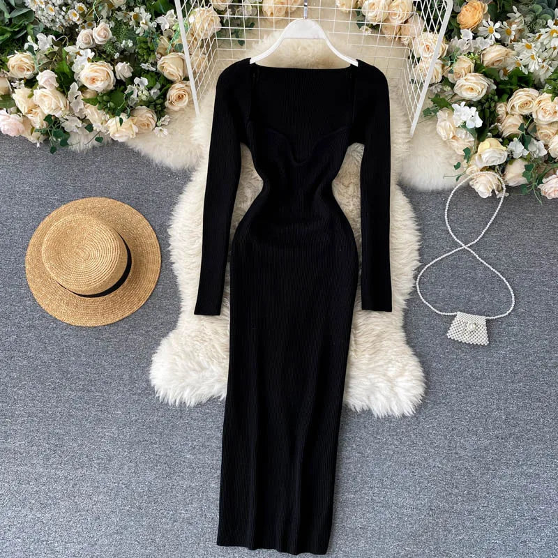 Vestidos para mulheres 2026 sexy sem alças com nervuras de malha bodycon vestido feminino inverno manga longa midi camisola vestido roupas