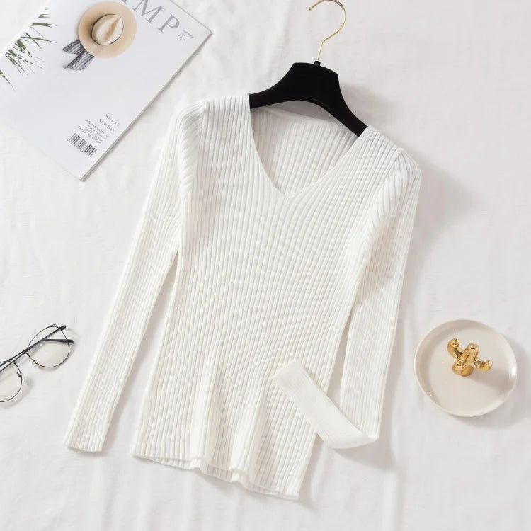 Outono inverno feminino suéteres casual manga longa de malha com decote em v pulôver camisola femme básico sólido camisa topos roupas de moda