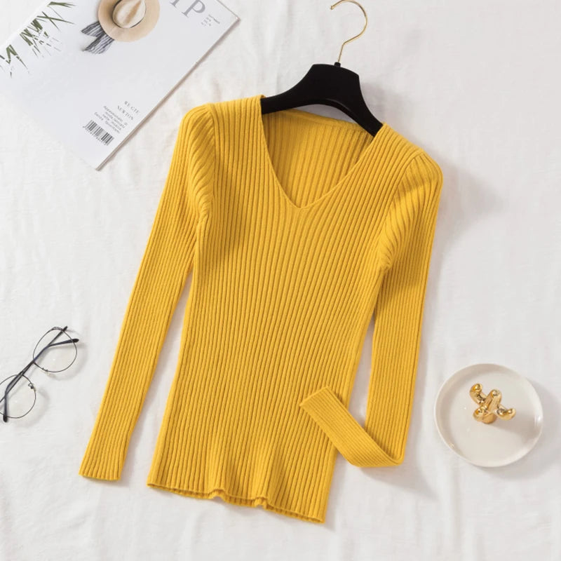 Outono inverno feminino suéteres casual manga longa de malha com decote em v pulôver camisola femme básico sólido camisa topos roupas de moda