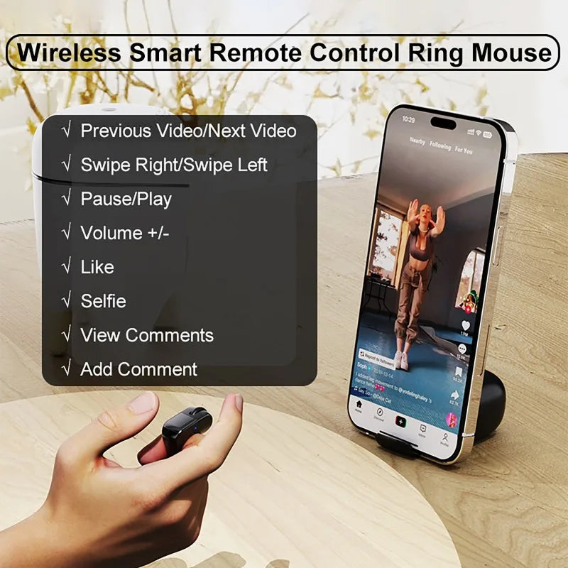 Mini Mouse Inteligente em Formato de Anel 2.4G Bluetooth Sem Fio de Modo Duplo Recarregável Compatível com Controle Remoto para Selfie, Vídeos Curtos e Comando de Voz