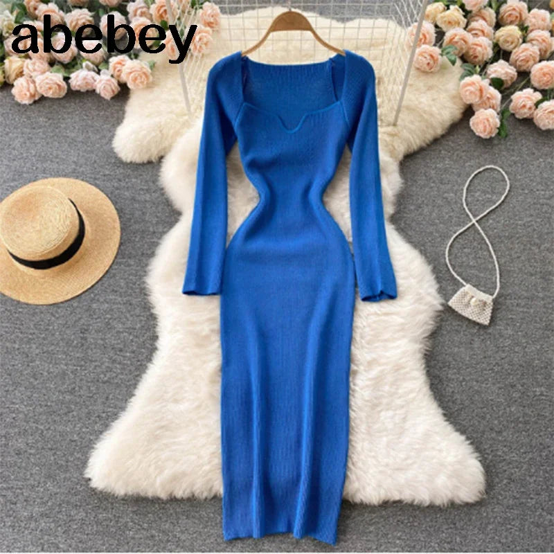 Vestidos para mulheres 2026 sexy sem alças com nervuras de malha bodycon vestido feminino inverno manga longa midi camisola vestido roupas