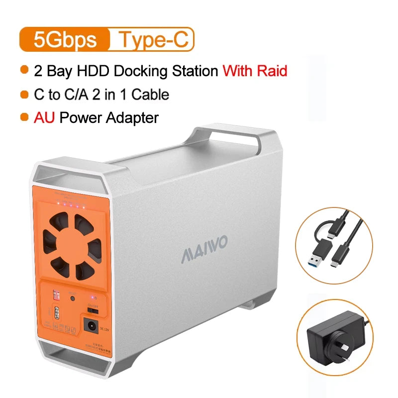 Gabinete MAIWO Dual Bay para HDD SATA de 3,5 polegadas com capacidade de 60TB, 4 modos RAID, controle de temperatura e dissipação de calor.