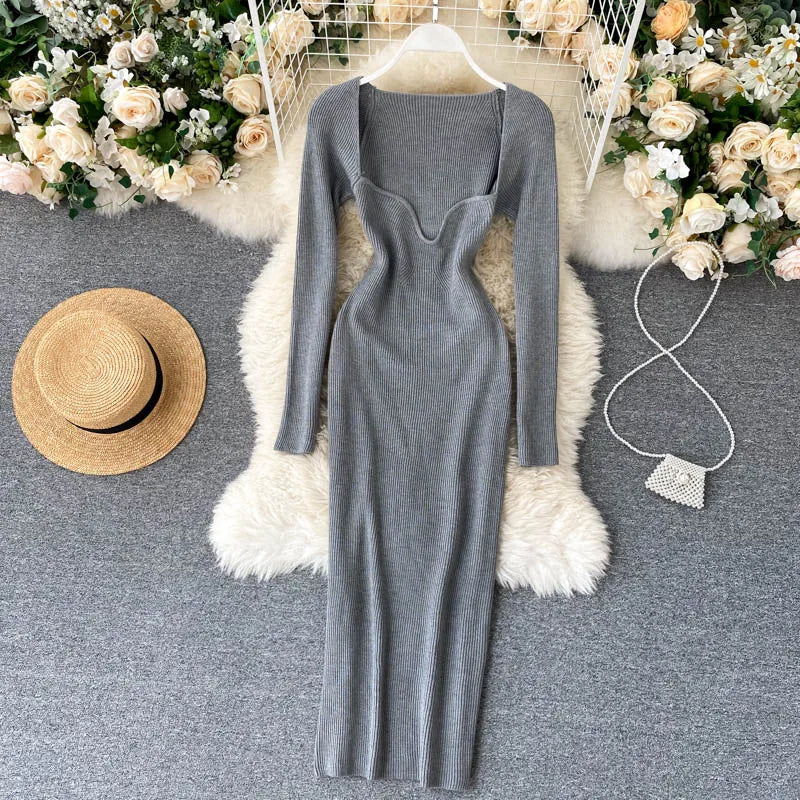 Vestidos para mulheres 2026 sexy sem alças com nervuras de malha bodycon vestido feminino inverno manga longa midi camisola vestido roupas