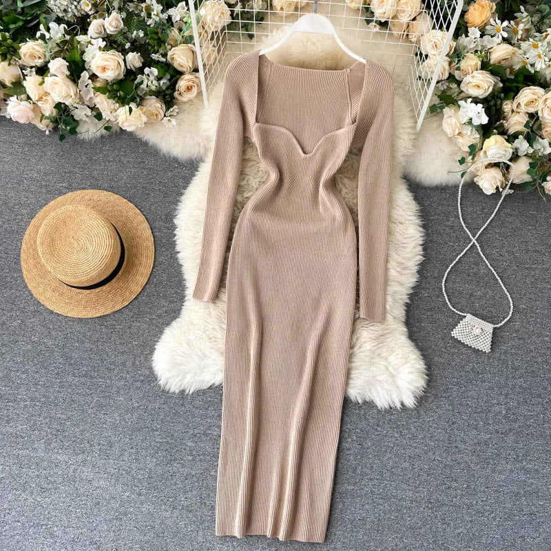 Vestidos para mulheres 2026 sexy sem alças com nervuras de malha bodycon vestido feminino inverno manga longa midi camisola vestido roupas