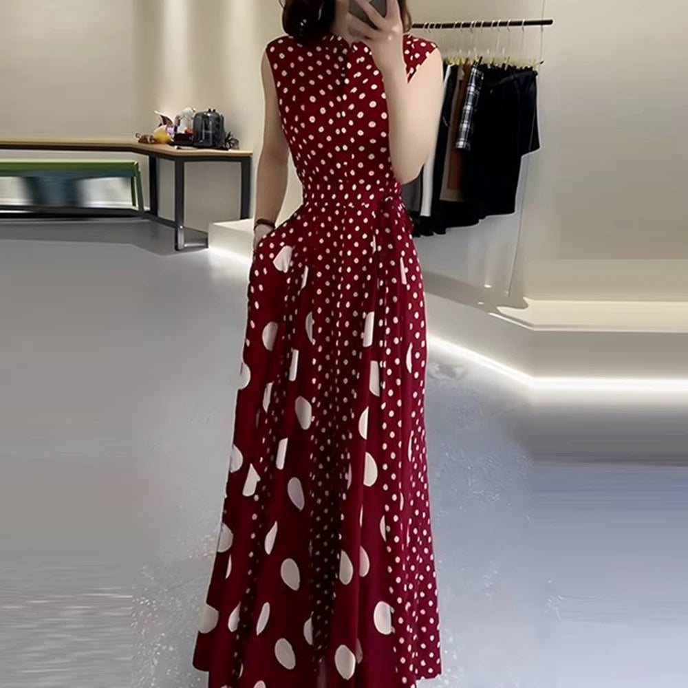 Roupas femininas 2025 verão high-end café break configurações formais francesas vestido de bolinhas vermelhas feminino