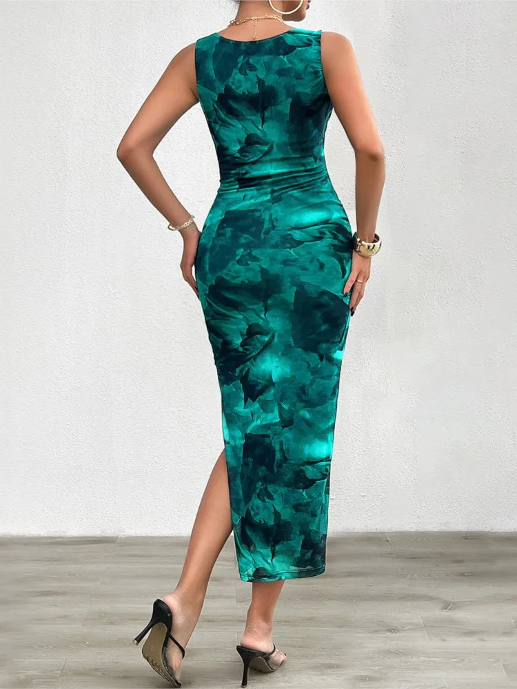 Vestido glamoroso de encaixe apertado sem mangas para mulheres, roupas slim fit, estampado na moda, sexy, primavera, verão, novo, 2024