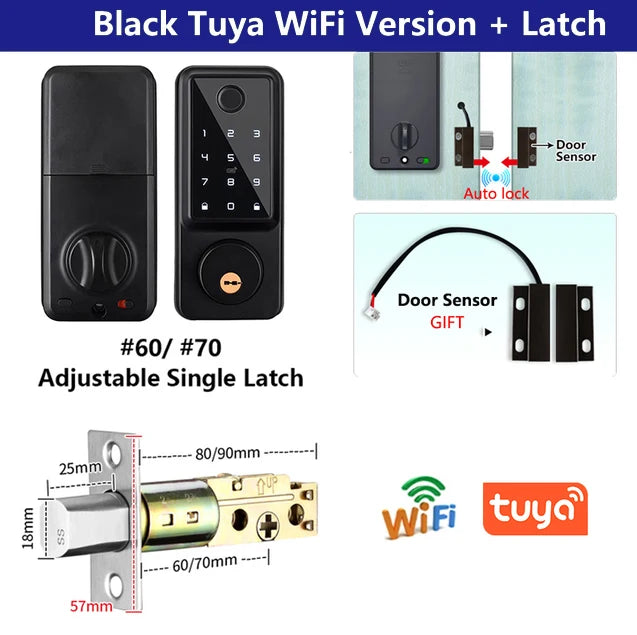 Tuya Wifi TTLock App Bloqueio Sensor de Porta de Impressão Digital Fechadura Eletronic Senha Digital Cartão IC Deadbolt Smart Door Lock Para Casa