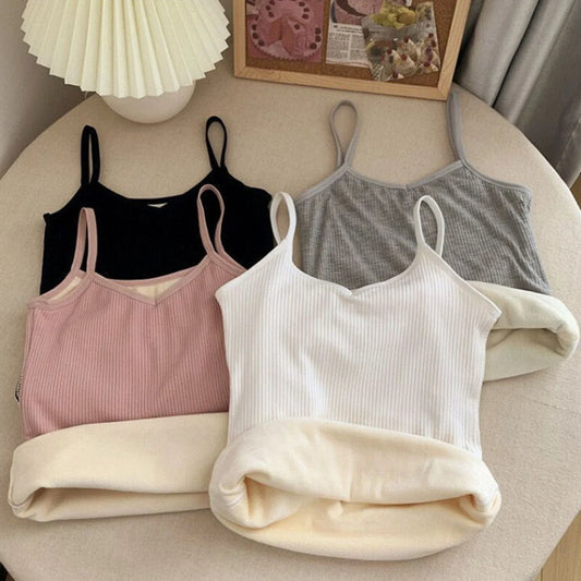 Mulheres inverno quente roupa interior cor sólida térmica casual pijamas sexy elasticidade feminina fina veludo camiseta sem mangas topos