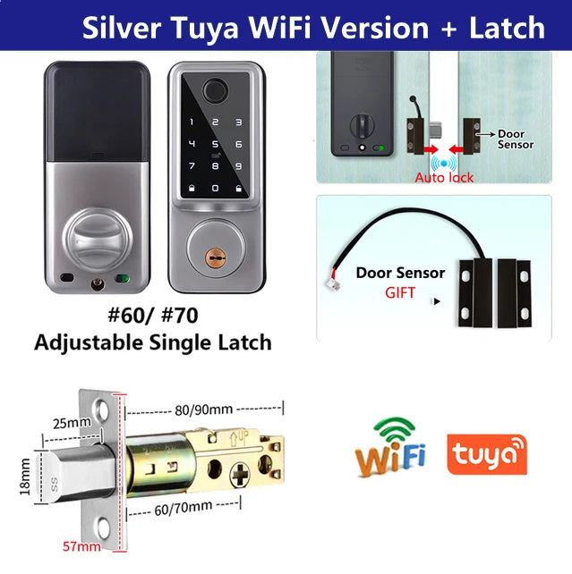 Tuya Wifi TTLock App Bloqueio Sensor de Porta de Impressão Digital Fechadura Eletronic Senha Digital Cartão IC Deadbolt Smart Door Lock Para Casa