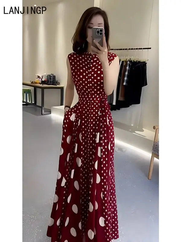 Roupas femininas 2025 verão high-end café break configurações formais francesas vestido de bolinhas vermelhas feminino