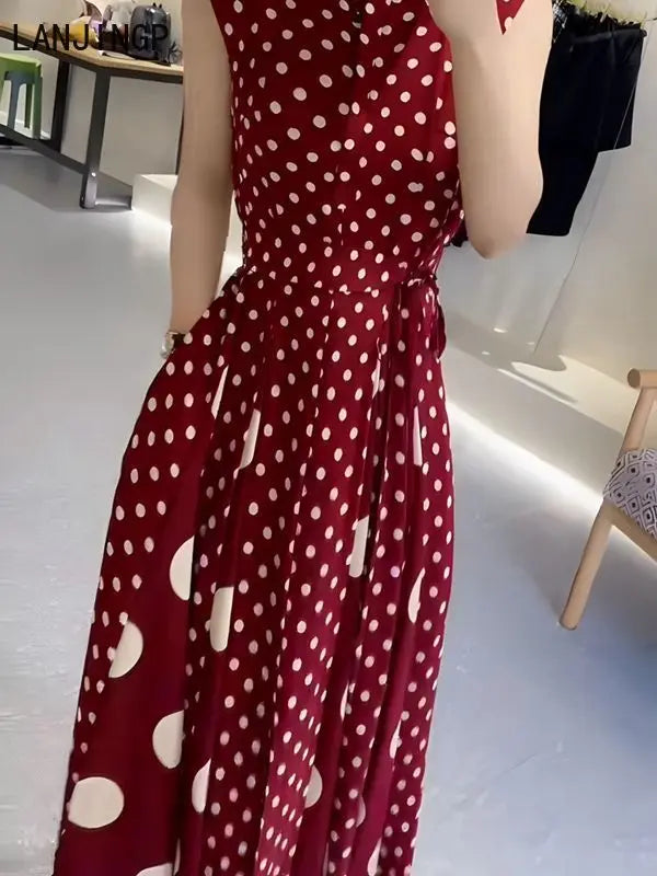 Roupas femininas 2025 verão high-end café break configurações formais francesas vestido de bolinhas vermelhas feminino