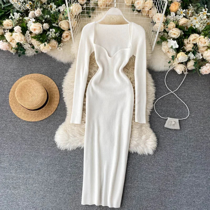 Vestidos para mulheres 2026 sexy sem alças com nervuras de malha bodycon vestido feminino inverno manga longa midi camisola vestido roupas