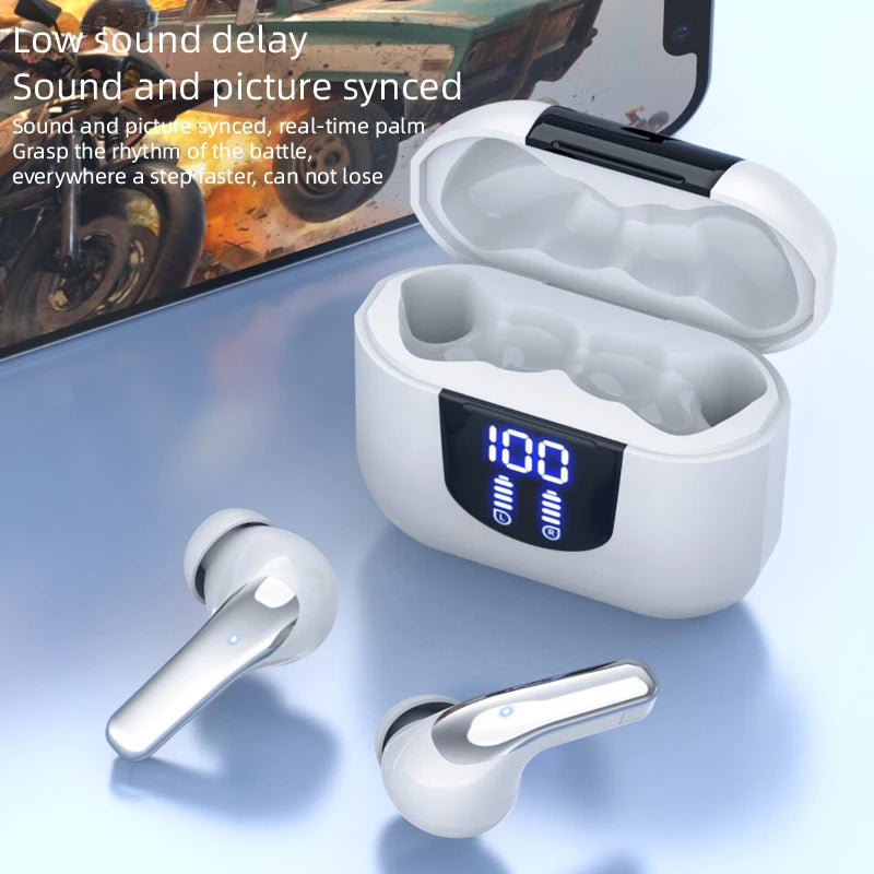 Fones de ouvido sem fio TWS, redução de ruído estéreo de graves pesados para chamadas, bateria de longa duração, modo de jogo de baixa latência