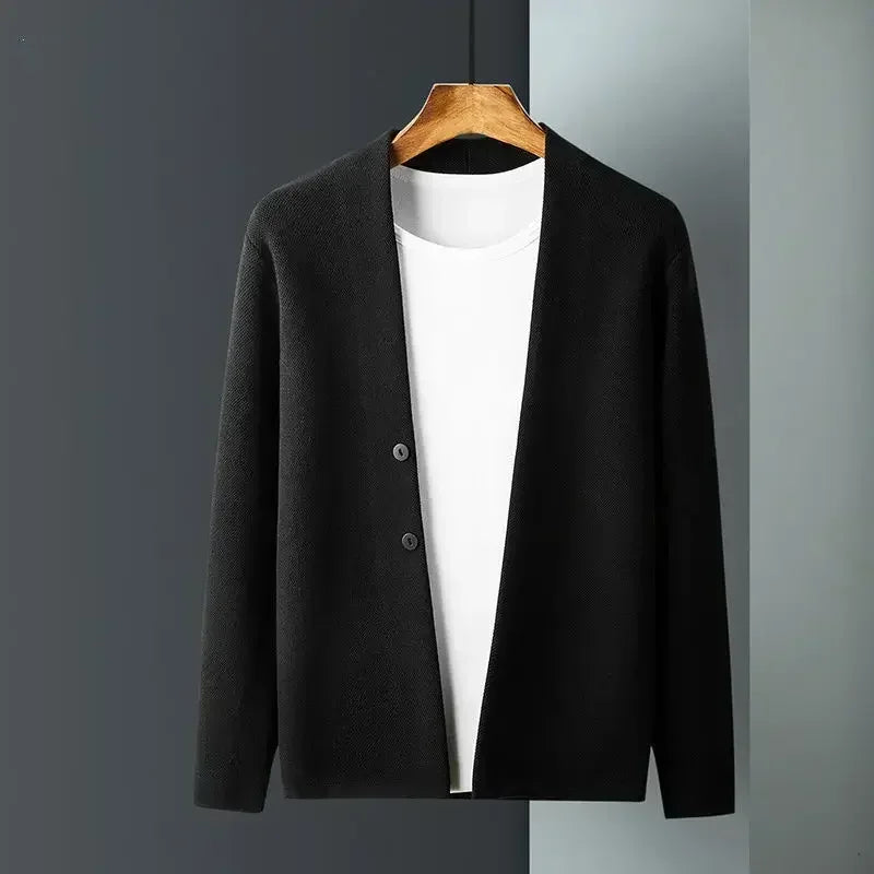 Homem roupas cor sólida negócios preto malha suéteres para homem cardigan liso sobre ajuste malha manga longa 100% malhas modo velho