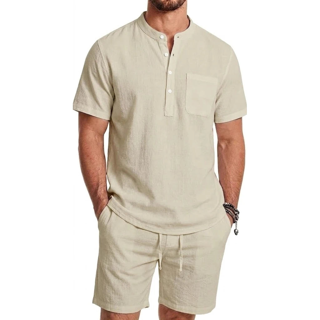 Conjunto de 2 Peças para Homens, Calças Casuais de Verão, Camisa Havaiana de Manga Curta em Cor Sólida, Roupas Masculinas para Academia