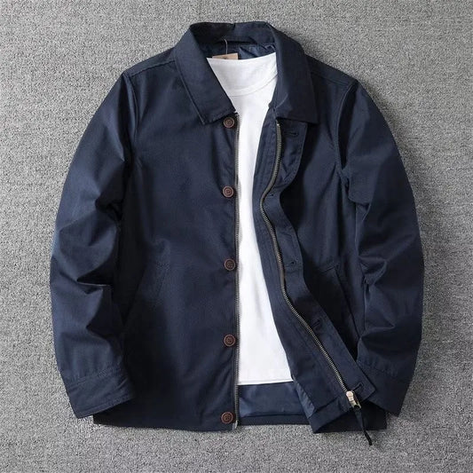 Casaco Masculino de Primavera e Outono com Gola Reversível, Cor Sólida, Jaqueta Curta Masculina com Zíper e Botões, Casual para Negócios