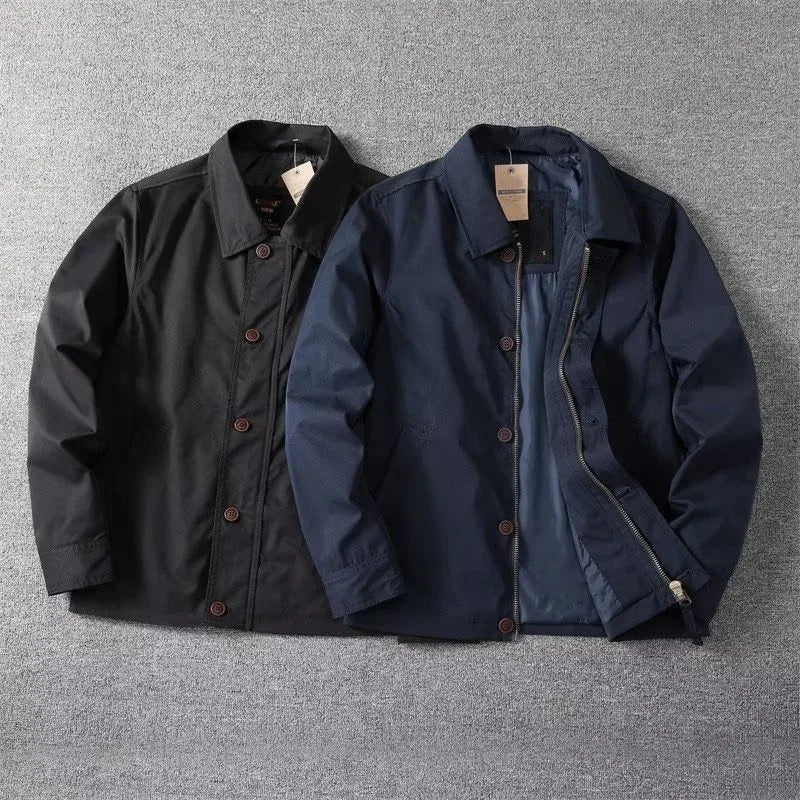 Casaco Masculino de Primavera e Outono com Gola Reversível, Cor Sólida, Jaqueta Curta Masculina com Zíper e Botões, Casual para Negócios