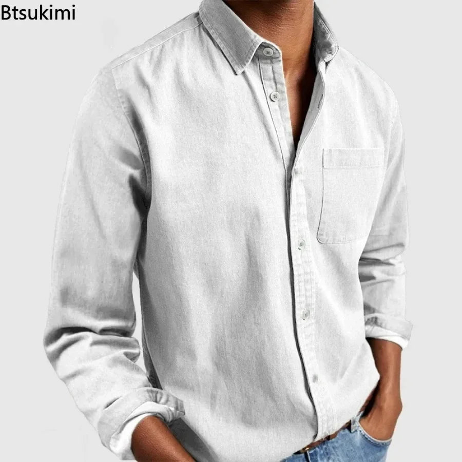 2026 moda masculina roupas de algodão respirável manga comprida solta camisa casual masculina simples lapela topos vintage all-match homem blusa