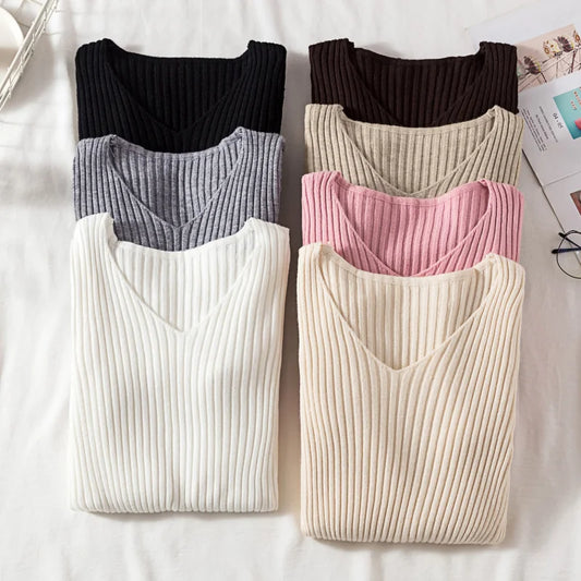 Outono inverno feminino suéteres casual manga longa de malha com decote em v pulôver camisola femme básico sólido camisa topos roupas de moda