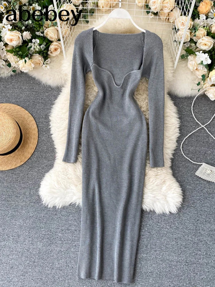 Vestidos para mulheres 2026 sexy sem alças com nervuras de malha bodycon vestido feminino inverno manga longa midi camisola vestido roupas