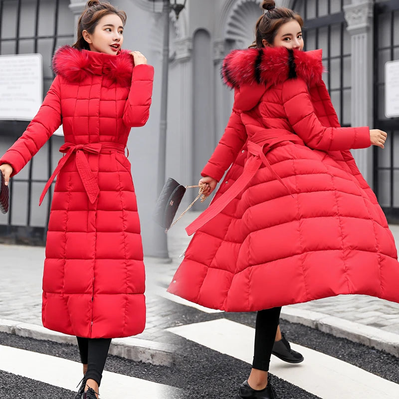 Parkas de pele com capuz acolchoado para mulheres, Engrossar casaco longo quente, jaqueta de inverno, roupas com capuz