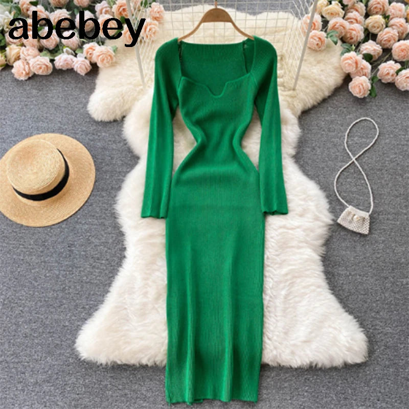 Vestidos para mulheres 2026 sexy sem alças com nervuras de malha bodycon vestido feminino inverno manga longa midi camisola vestido roupas