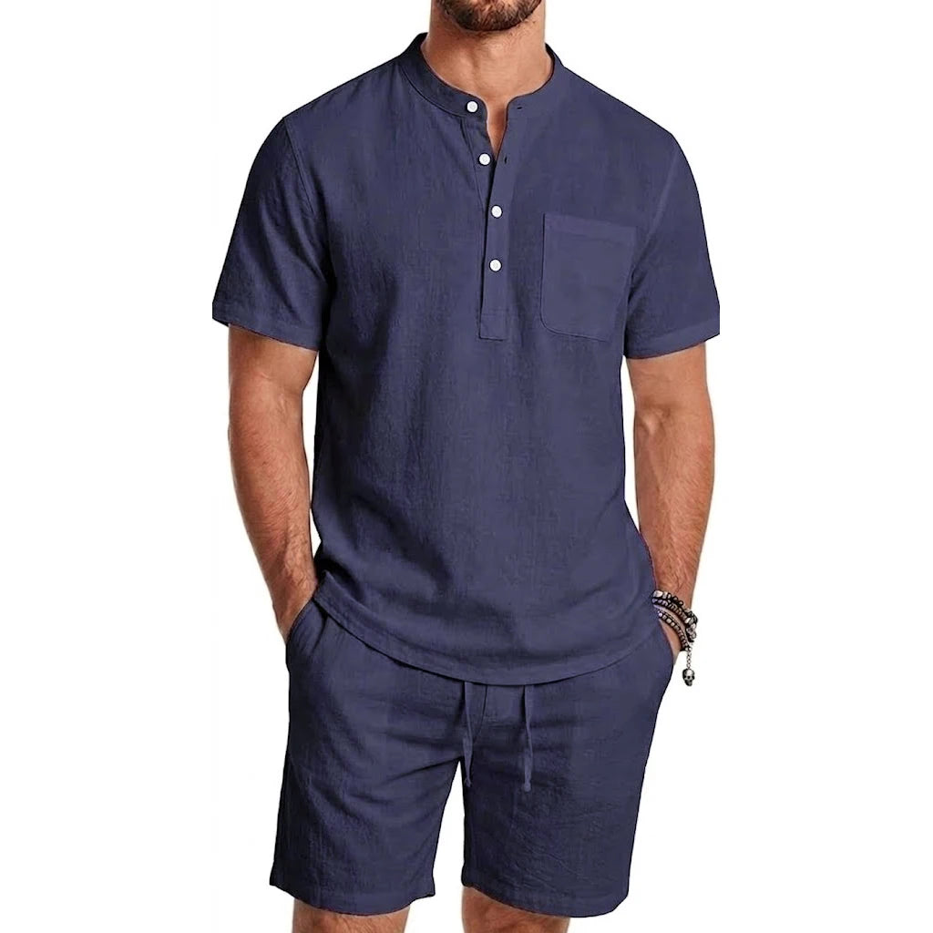 Conjunto de 2 Peças para Homens, Calças Casuais de Verão, Camisa Havaiana de Manga Curta em Cor Sólida, Roupas Masculinas para Academia