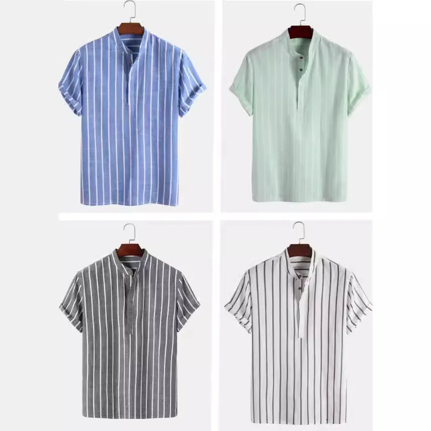 Moda masculina listrada camisa de manga curta casual camisas de linho topos masculino formal camisetas sociais gola alta camisas homem roupas